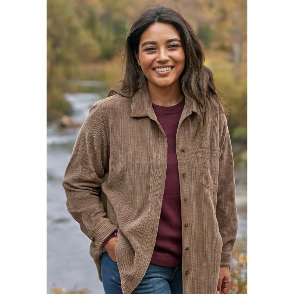 LL Bean Wide Wale Corduroy Shirt Womens Sz 1X Khaki Button Up VTG 80s Gorpcore